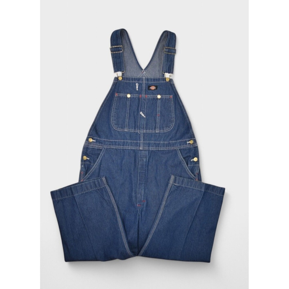 Dickies Overalls Mens 34 Denim Bibs Workwear Carpenter Cropped Dark Wash